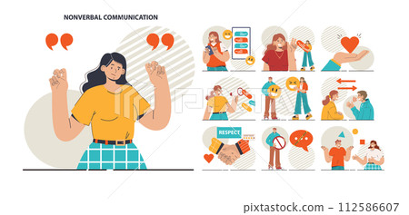 Non-verbal communication set. Body language through interpersonal conversation. Gesturing and facial expression. Flat vector illustration 112586607