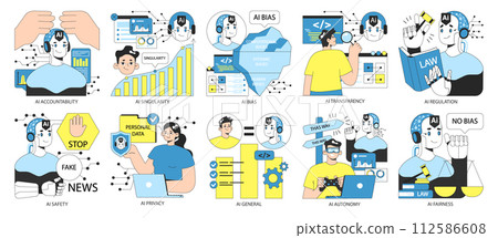 AI ethics set. Artificial intelligence alignment and regulation. Accountability, singularity and autonomy, bias types, transparency, safety and privacy. Flat vector illustration. 112586608