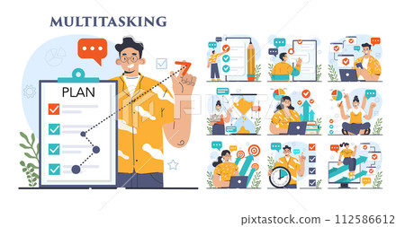 Multitasking concept set. Effective and competent office worker managing several tasks at once. Business productivity, scheduling and progress tracking. Flat vector illustration 112586612