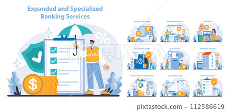 Expanded and specialized banking services set. Comprehensive coverage of financial operations. Client support, transaction ease, diversified portfolios. Offers for savings, loans, investments. Expanded and specialized banking services set. Comprehensive coverage of financial operations. Client support, transaction ease, diversified portfolios. Offers for savings, loans, investments. 112586619