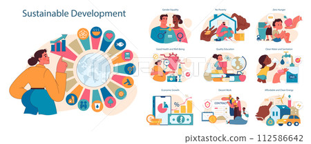 SDG or sustainable development goals set. Global target for better future including gender equality, health, education, clean energy, and economic growth. ESG and CSR. Flat vector illustration 112586642