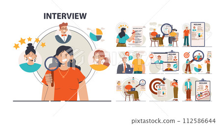 Job interview set. Personnel recruitment or hiring procedure. Human resources manager searching for a job candidate. Head hunter interviewing vacancy applicant. Flat vector illustration 112586644