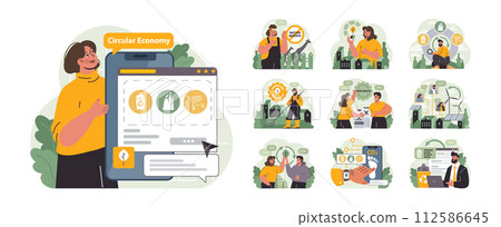 Sustainability set. Environmental protection, climate and nature preservation. Social responsibility, conscious consumption and carbon footprint reduction. Circular economy. Flat vector illustration Sustainability set. Environmental protection, climate and nature preservation. Social responsibility, conscious consumption and carbon footprint reduction. Circular economy. Flat vector illustration 112586645