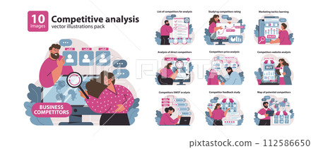 Competitive analysis set. Diverse business strategies and market research tactics. Strategic planning, market positioning, and customer insights discovery. Flat vector illustration. Competitive analysis set. Diverse business strategies and market research tactics. Strategic planning, market positioning, and customer insights discovery. Flat vector illustration. 112586650