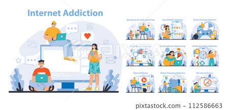 Internet Addiction set. Diverse scenarios showcasing excessive use of digital platforms. From social media to online gaming, a critical take on the digital age. Flat vector illustration. Internet Addiction set. Diverse scenarios showcasing excessive use of digital platforms. From social media to online gaming, a critical take on the digital age. Flat vector illustration. 112586663