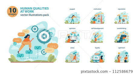 Office worker set. Business character or employee daily attitude. Human qualities at workplace idea. Career deveopment and responsibility. Corporate relations and leadership. Office worker set. Business character or employee daily attitude. Human qualities at workplace idea. Career deveopment and responsibility. Corporate relations and leadership. 112586679