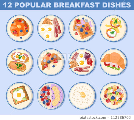 Popular breakfast dishes set. Healthy morning food top view. Eggs with bacon, toast with cheese and vegetables, pastry and oatmeal with fruits and berries. Traditional menu. Flat vector illustration 112586703