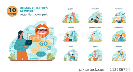 Office worker set. Business character or employee daily attitude. Human qualities at workplace idea. Career deveopment and responsibility. Corporate relations and leadership. 112586704