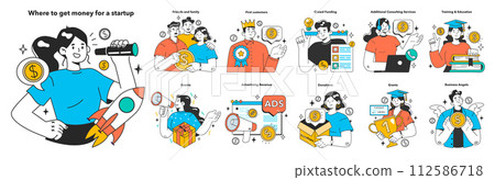 Start up' financing set. Where you can get money for your startup. Entrepreneur present a project at business incubator. Financial support and investitions of creative idea. Flat vector illustration 112586718