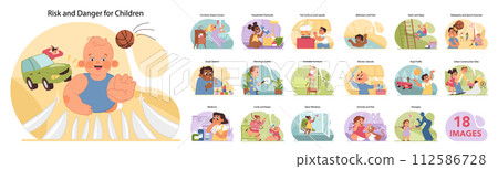 Child safety set. Kids in various dangerous situations. Household perils and outdoor hazards for toddlers. Awareness on domestic accidents, injuries prevention tips. Flat vector illustration 112586728
