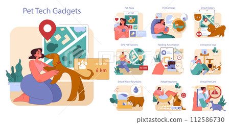 Pet Tech Gadgets set. Innovative technology for pet care and engagement. Features GPS trackers, interactive toys, smart collars. Modern pet ownership essentials. Pet Tech Gadgets set. Innovative technology for pet care and engagement. Features GPS trackers, interactive toys, smart collars. Modern pet ownership essentials. 112586730