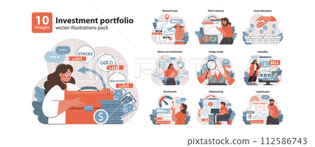 Investment portfolio set. Diverse strategies in finance and asset management. Stocks, gold, real estate choices. Return on investment, hedge funds dynamics. Flat vector illustration. Investment portfolio set. Diverse strategies in finance and asset management. Stocks, gold, real estate choices. Return on investment, hedge funds dynamics. Flat vector illustration. 112586743