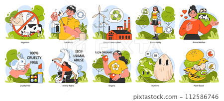 Sustainable living set. Vegan and cruelty free organic diet. Animal rights. Organic plant-based nutrition. Ethical consumption and zero waste. Flat vector illustration 112586746