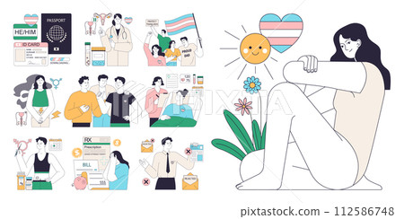 Gender transition consequences set. Gender-affirming therapy, positive and negative experience. Transgender person mental health, legalization, infertility and discrimination. Flat vector illustration 112586748
