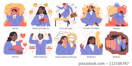 Stress management set. Diverse office characters professional burnout. Employee work-life balance, relaxation techniques and self-care. Emotional intelligence and mindfulness. Flat vector illustration 112586767
