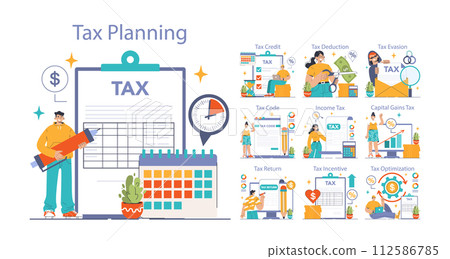 Tax optimization set. Financial efficiency, budgeting and economy idea. Taxes planning, declaration preparing and calculation. Flat vector illustration 112586785