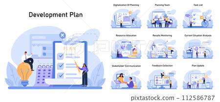 Development Plan set. Professionals navigate project phases. Digitalization, team collaboration, task management, resource distribution, performance check, stakeholder talks, feedback. Flat vector. 112586787