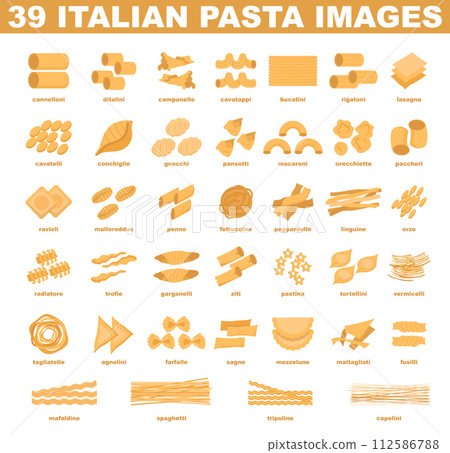 Italian pasta set. Simple traditional food of different shapes and names. Semi-processed noodles collection. Flat vector illustration 112586788