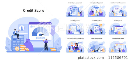 Credit Score Concept. Comprehensive financial health analysis through credit report assessment, timely loan repayment, and effective debt management strategies. Flat vector illustration 112586791
