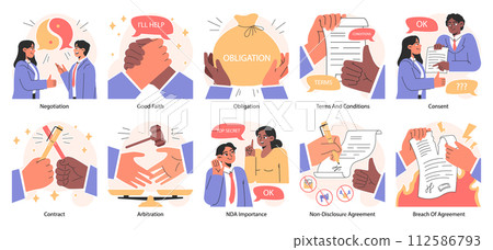 Business deal or agreement set. Signing a contract or successful negotiation. Business partners interests and obligations. Paper terms and conditions. Flat vector illustration 112586793