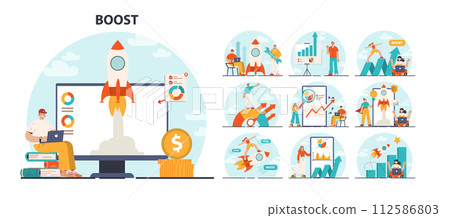 Boost set. Business growth, professional improvement or career promotion to higher position. Motivational power, efficiency and capability. Fast positive development. Flat vector illustration 112586803