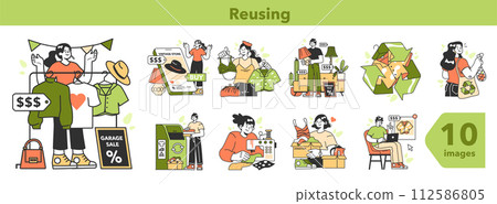 Zero waste set. Upcycling or reuse of old things. Eco tips for reducing waste and giving a second life for old stuff. Sustainability and social responsibility. Flat vector illustration 112586805