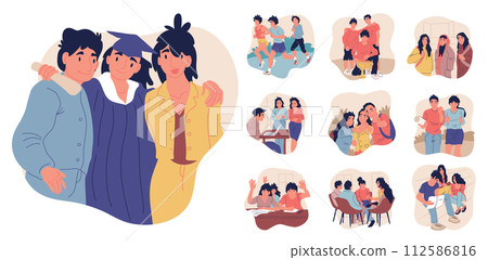 College or university students set. Young people study together, engaged in student activities. Higher academic education. Campus activities. Flat vector illustration College or university students set. Young people study together, engaged in student activities. Higher academic education. Campus activities. Flat vector illustration 112586816