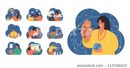 Occultism set. Character performing witchcraft rituals, sorcery and magic. Astrology, tarot fortune-telling and love spelling. Modern and traditional spiritual practises. Flat vector illustration 112586820