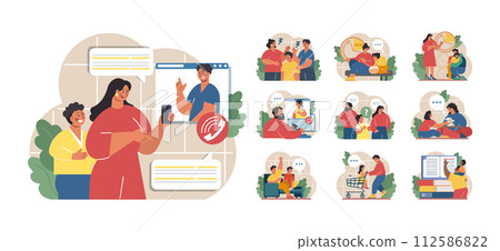 Joint parenting set. Divorced spouses raising a child together. Joint physical custody and close relationships with both parents after a family separation. Flat vector illustration Joint parenting set. Divorced spouses raising a child together. Joint physical custody and close relationships with both parents after a family separation. Flat vector illustration 112586822