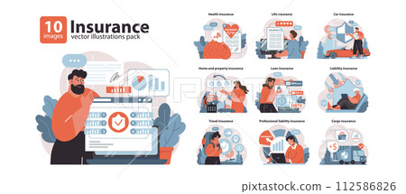 Insurance set. Comprehensive coverage options for life, health, home, and travel. Safeguarding assets against uncertainties. Essential financial planning tools demonstrated. Flat vector illustration. 112586826