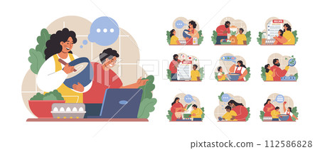 Parents teaching their child how to cook set. Family making food in the kitchen together. Kid, mother and father following recipe. Parenting and family bonding. Flat vector illustration 112586828