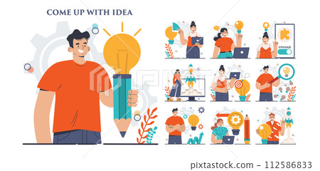 Come up with an idea concept set. Creative innovation or business solution generation. Inspiration and imagination in a brainstorm. Light bulb as metaphor. Flat vector illustration 112586833