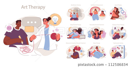 Psychotherapy set. Diverse treatments for mental health challenges. Patient care in mindfulness, self-esteem, and addiction recovery. 112586834