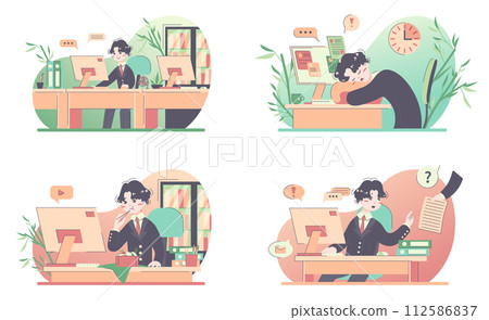 Daily routine of a japanese man set. Modern clerk working, spending time with friends and family. Businessman schedule. Office work and household life. Flat vector illustration 112586837
