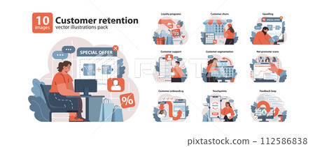Customer retention set. Strategies boosting client loyalty, from onboarding to feedback. Loyalty programs, upselling, and churn management. Flat vector illustration. 112586838