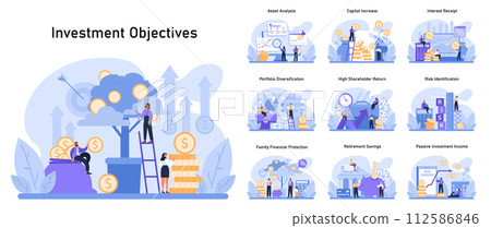 Investment objectives set. Financial goals through asset analysis, capital growth, and risk management. Achieving retirement savings and passive income. Flat vector illustration 112586846