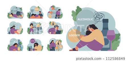 Female alcoholism set. Woman suffering from hard drinking, alcohol addiction. Drunk woman with a bottle of booze. Dangerous habit, unhealthy lifestyle awareness. Flat vector illustration Female alcoholism set. Woman suffering from hard drinking, alcohol addiction. Drunk woman with a bottle of booze. Dangerous habit, unhealthy lifestyle awareness. Flat vector illustration 112586849
