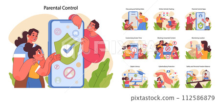 Parental control set. Managing child safety online with diverse applications. Family engaging in digital education, content filtering, and activity monitoring. Flat vector illustration Parental control set. Managing child safety online with diverse applications. Family engaging in digital education, content filtering, and activity monitoring. Flat vector illustration 112586879