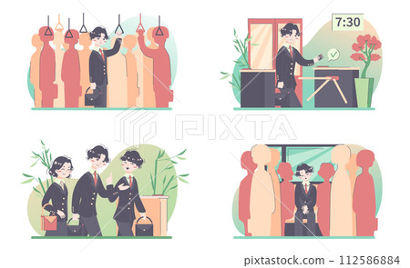 Daily routine of a japanese man set. Modern clerk working, spending time with friends and family. Businessman schedule. Office work and household life. Flat vector illustration Daily routine of a japanese man set. Modern clerk working, spending time with friends and family. Businessman schedule. Office work and household life. Flat vector illustration 112586884