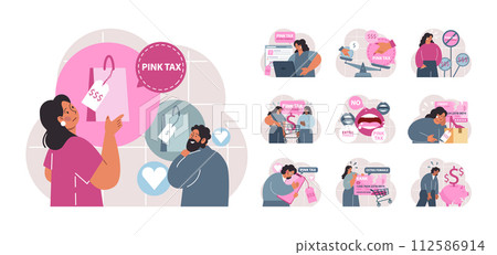 Pink tax concept set. Gender based price discrimination. Higher price for products marketed for women. Unequal accounting. Flat vector illustration 112586914