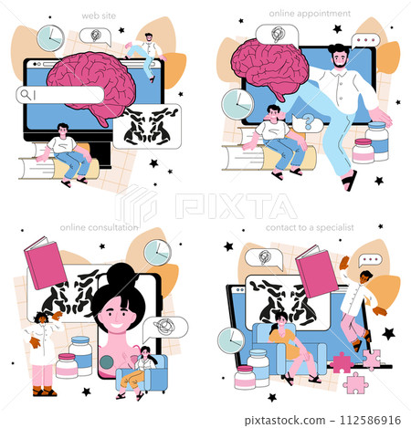 Psychologist online service or platform set. Mental health diagnostic and treatment. Test, thoughts and emotions analysis. Online appointment, consultation, website, contacts. Flat vector illustration Psychologist online service or platform set. Mental health diagnostic and treatment. Test, thoughts and emotions analysis. Online appointment, consultation, website, contacts. Flat vector illustration 112586916