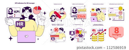KPI, key performance indicators for HR specialist set. Indicator to measure personnel manager efficiency. Metrics and rates to report worker performance. Flat vector illustration 112586919