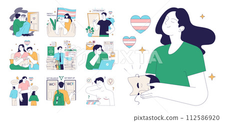 Gender transition pros and cons set. Gender-affirming therapy, positive and negative side. Transgender person mental health, legalization and discrimination. Flat vector illustration 112586920