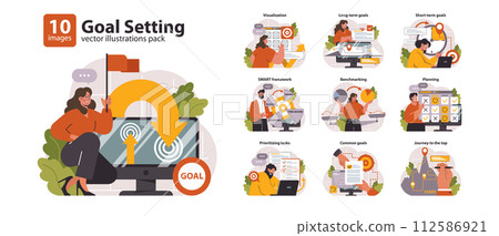 Goal Setting set. Articulating aspirations through visualization, diving into long-term and short-term targets. Utilizing SMART criteria, understanding benchmarks. Flat vector illustration Goal Setting set. Articulating aspirations through visualization, diving into long-term and short-term targets. Utilizing SMART criteria, understanding benchmarks. Flat vector illustration 112586921