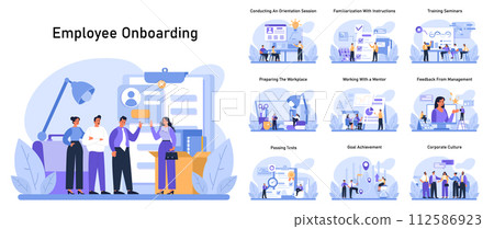 Employee Onboarding set. New hires journey from orientation to corporate culture. Conducting a session, training seminars, mentor guidance, and feedback. Flat vector illustration. Employee Onboarding set. New hires journey from orientation to corporate culture. Conducting a session, training seminars, mentor guidance, and feedback. Flat vector illustration. 112586923