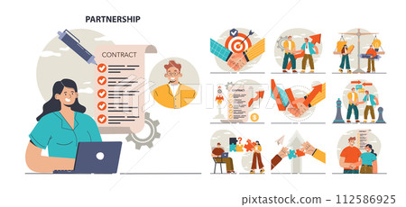 Partnership concept set. Agreement on collaboration and teamwork. Office characters cooperation for additional business development. Idea of successful coworking. Flat vector illustration Partnership concept set. Agreement on collaboration and teamwork. Office characters cooperation for additional business development. Idea of successful coworking. Flat vector illustration 112586925