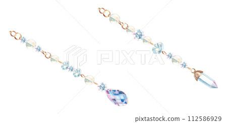 Set of jewelry threads or strings with crystals and glass beads isolated on white background. Hand drawn watercolor illustration. Design element for decoration, dream catchers, cards and prints. 112586929