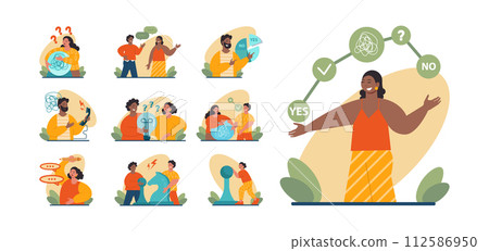 Difficult decision-making concept set. Multiple options dilemma, problem of strategy vision. Confused character trying to find a solution. Flat vector illustration Difficult decision-making concept set. Multiple options dilemma, problem of strategy vision. Confused character trying to find a solution. Flat vector illustration 112586950