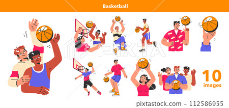 Basketball game set. Team players during the game. Athlete throws the ball into the basket. Teen or young adult characters in a sportswear play with a ball. Flat vector illustration. 112586955