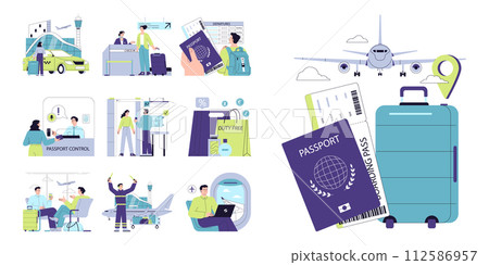 People in the airport set. Characters with a suitcase checking-in on a flight, at the security scanner and passport control. Passenger with baggage. Travel and tourism. Flat vector illustration 112586957